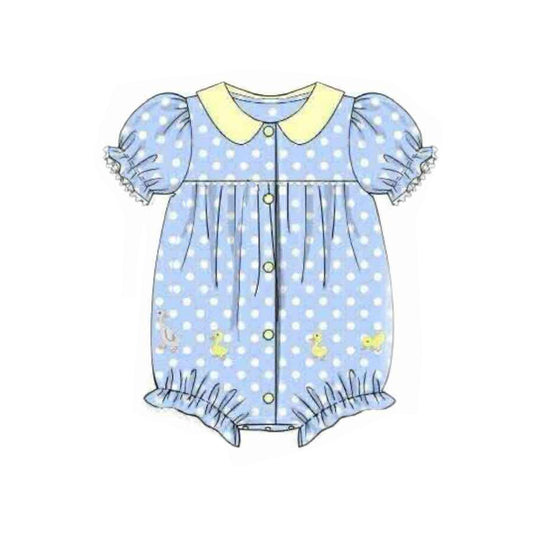 ( Moq 5 ) Preorder Baby Girls Short Sleeves Ducks Dots Buttons Blue Bubble Romper