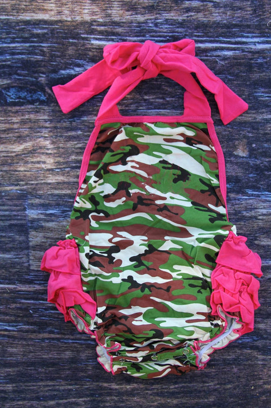 ( Moq 5 ) Preorder Baby Girls Halter Green Brown Camo Ruffle Bubble Romper
