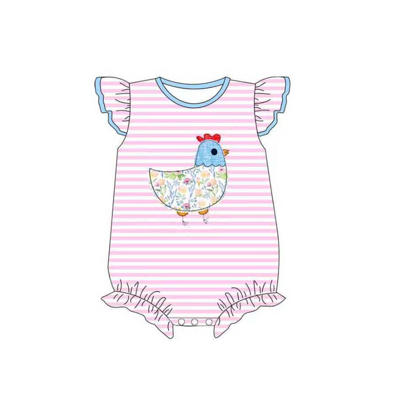 ( Moq 5 ) Preorder Baby Girls Short Sleeves Floral Chicken Pink Stripes Bubble Romper