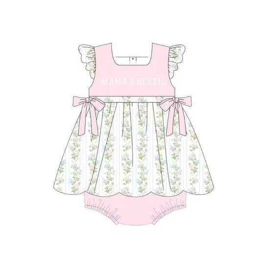 ( Moq 5 ) Preorder Baby Girls Short Sleeves Mama's Bestie Flower Bows Bubble Romper