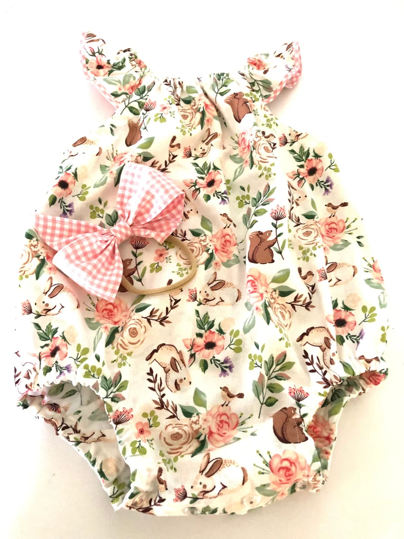 ( Moq 5 ) Preorder Baby Girls Short Sleeves Rabbits Flower Easter Bubble Romper