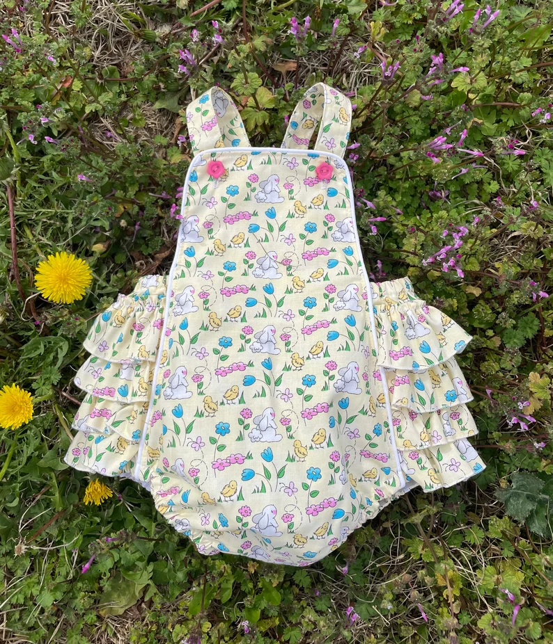 ( Moq 5 ) Preorder Baby Girls Easter Rabbits Chicks Flower Ruffle Bubble Romper