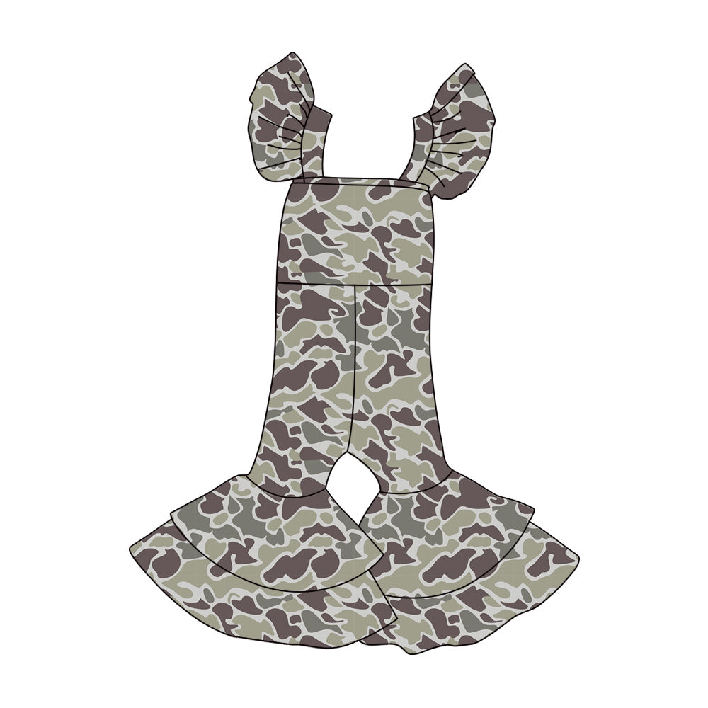 ( Moq 5 ) Preorder Baby Girls Short Sleeves Dark Grey Camo Bell Pants Jumpsuit