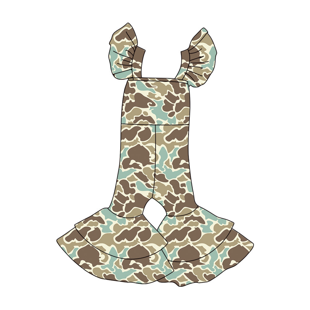 ( Moq 5 ) Preorder Baby Girls Short Sleeves Green Camo Print Bell Pants Jumpsuit