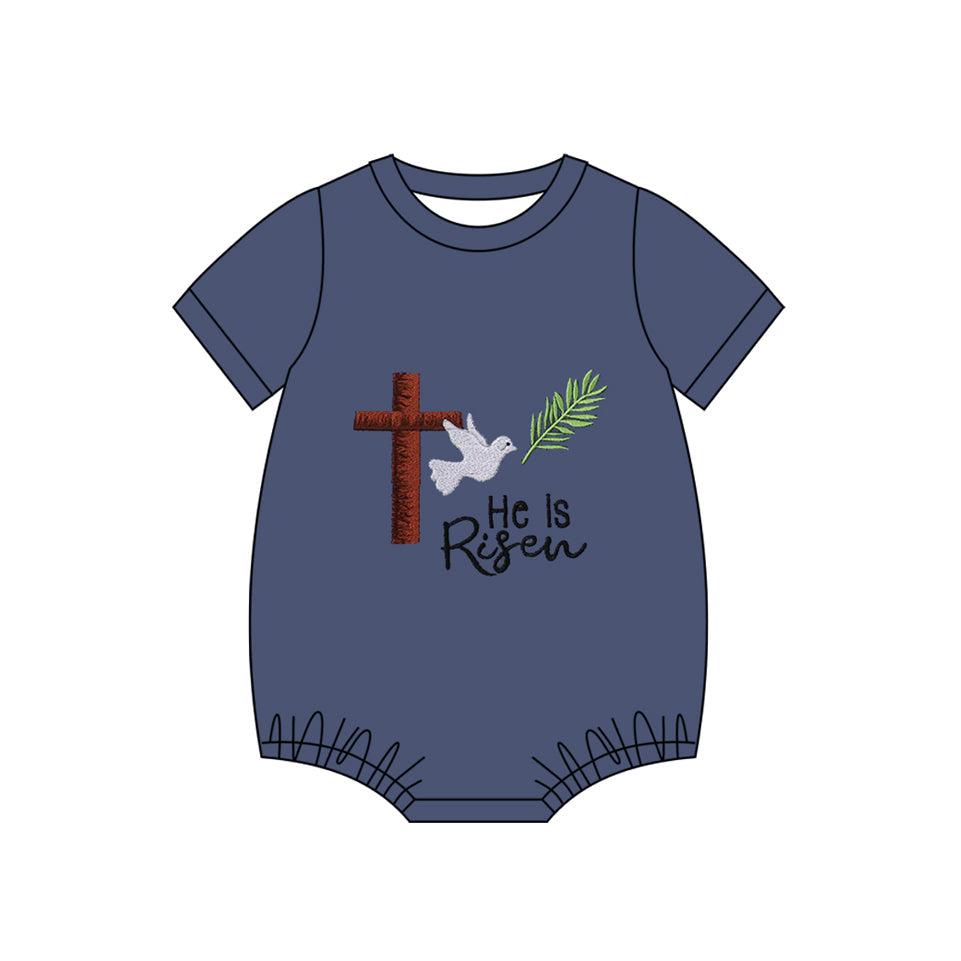 ( Moq 5 ) Preorder Baby Boys Short Sleeves He is Risen Cross Easter Bubble Romper