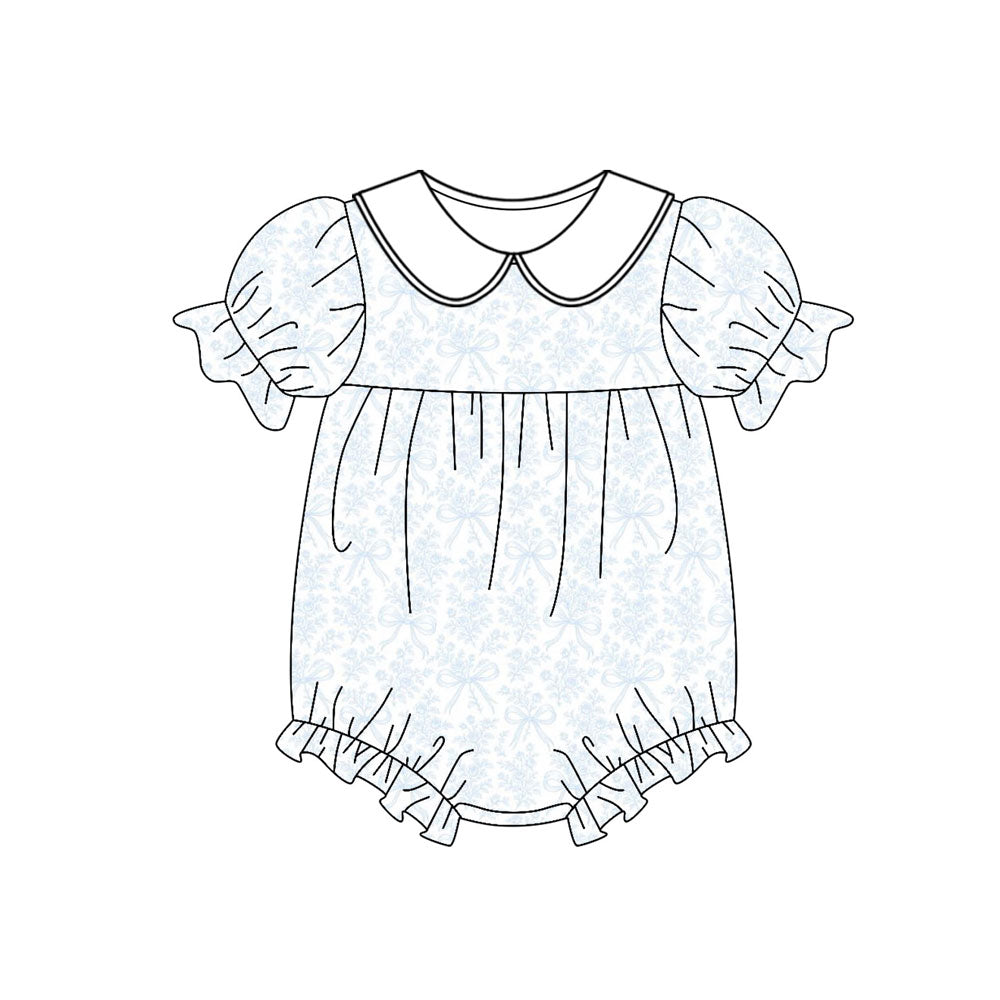 ( Moq 5 ) Preorder Baby Girls Short Sleeves Blue Bows Floral Bubble Romper
