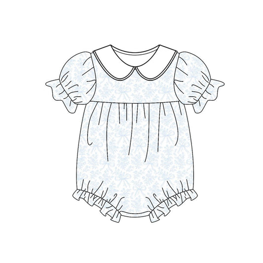 ( Moq 5 ) Preorder Baby Girls Short Sleeves Blue Bows Floral Bubble Romper