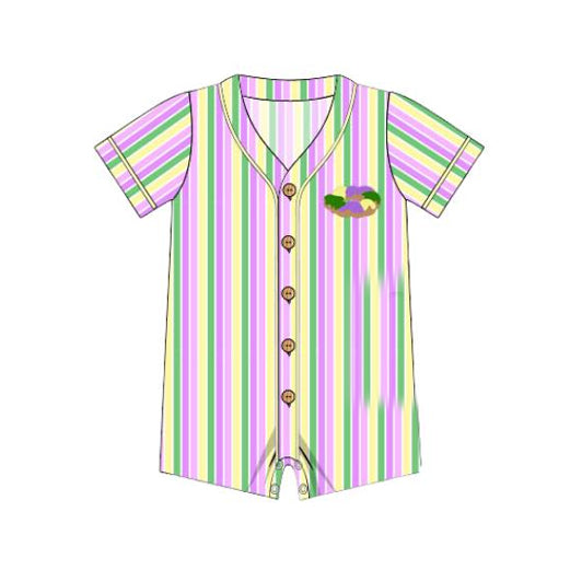 ( Moq 5 )  Preorder Baby Kids Infant Donuts Stripes Buttons Shorts Mardi Gras Romper