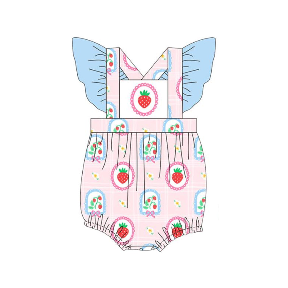 ( Moq 5 ) Preorder Baby Girls Short Sleeves Strawberry Flower Bows Bubble Romper