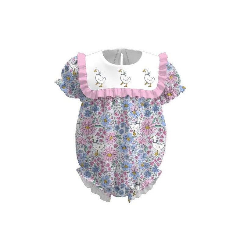 ( Moq 5 ) Preorder Baby Girls Short Sleeves Ducks Flower Ruffle Bubble Romper