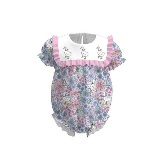 ( Moq 5 ) Preorder Baby Girls Short Sleeves Ducks Flower Ruffle Bubble Romper