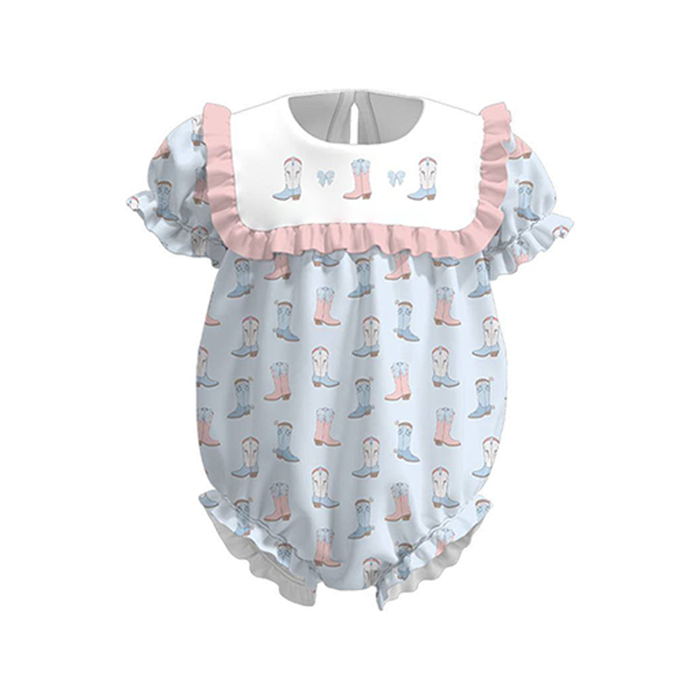 ( Moq 5 ) Preorder Baby Girls Short Sleeves Boots Bows Ruffle Bubble Romper