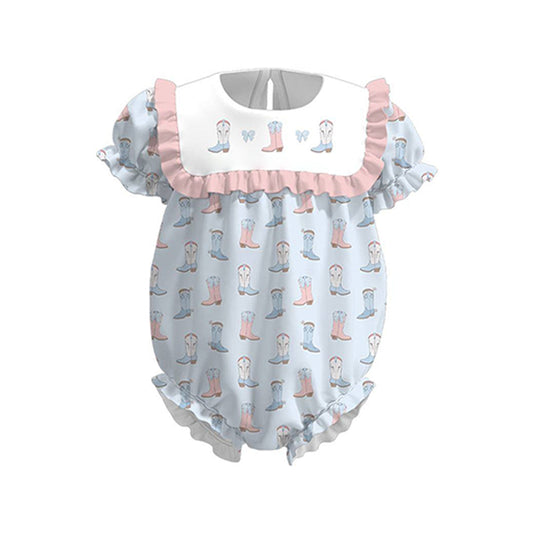 ( Moq 5 ) Preorder Baby Girls Short Sleeves Boots Bows Ruffle Bubble Romper