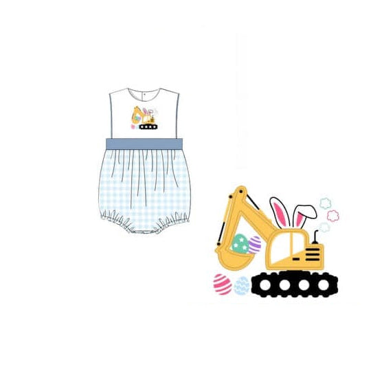 ( Moq 5 ) Preorder Baby Boys Rabbit Eggs Construction Easter Bubble Romper