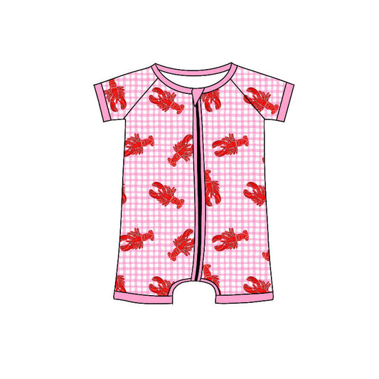 ( Moq 5 ) Preorder Baby Girls Short Sleeves Crawfish Plaid Zipper Romper