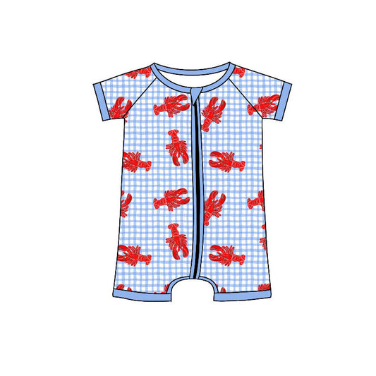 ( Moq 5 ) Preorder Baby Boys Short Sleeves Crawfish Blue Plaid Zipper Romper