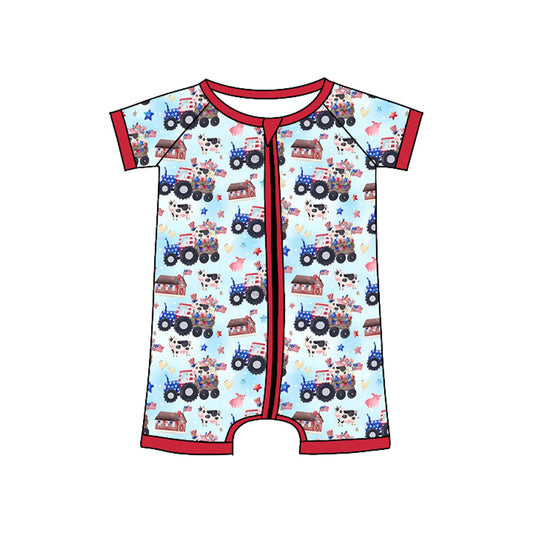 ( Moq 5 ) Preorder Baby Boys Short Sleeves Trucks Cows Farm July 4th Zipper Romper