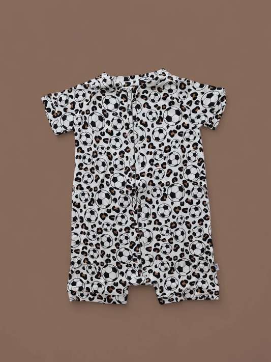 ( Moq 5 ) Preorder Baby Girls Infant Short Sleeves Soccer Leopard Zipper Romper