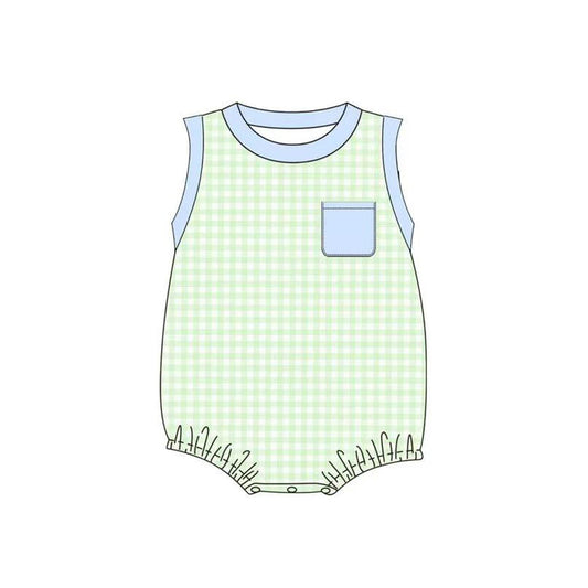 ( Moq 5 ) Preorder Baby Boys Sleeveless Green Plaid Pocket Bubble Romper