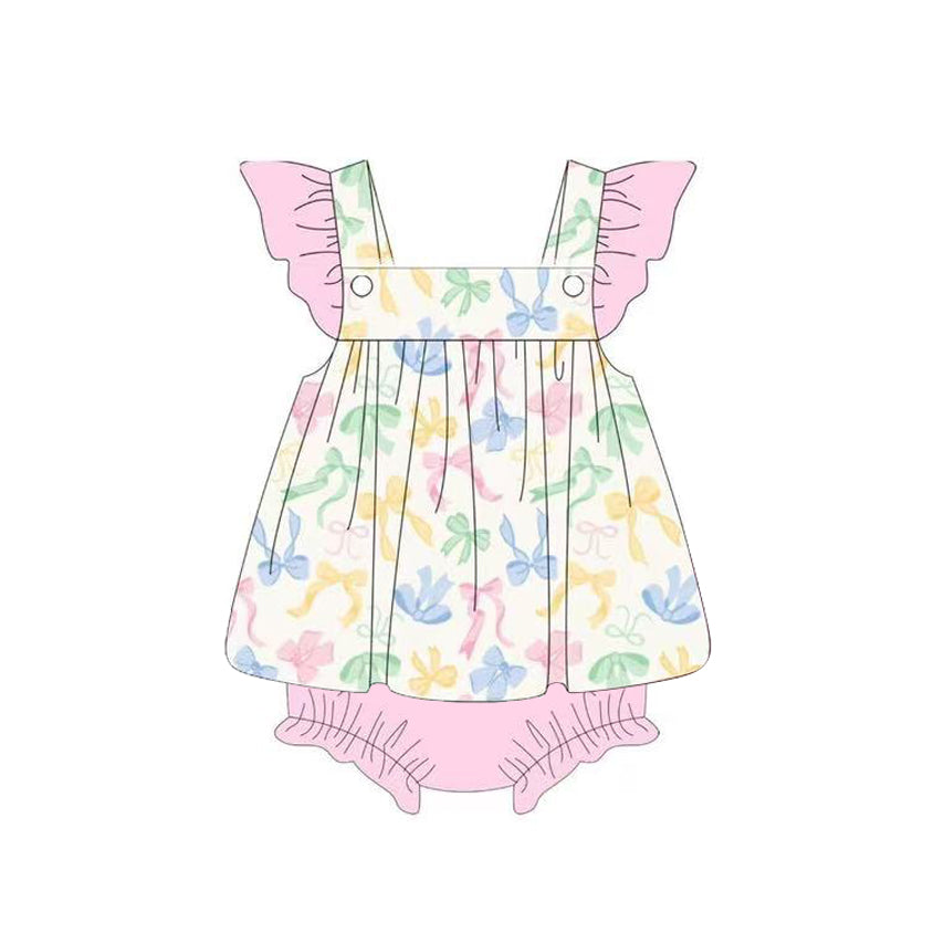 ( Moq 5 ) Preorder Baby Girl Pink Short Sleeves Bows Bummie Romper