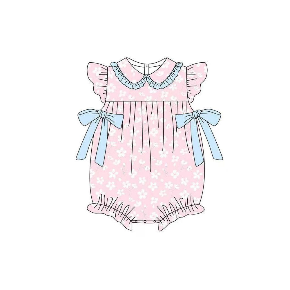 ( Moq 5 ) Preorder Baby Girls Short Sleeves Flower Bows Pink Bubble Romper