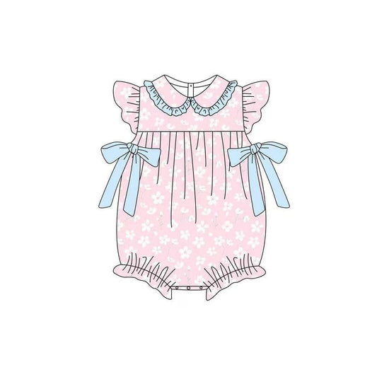 ( Moq 5 ) Preorder Baby Girls Short Sleeves Flower Bows Pink Bubble Romper