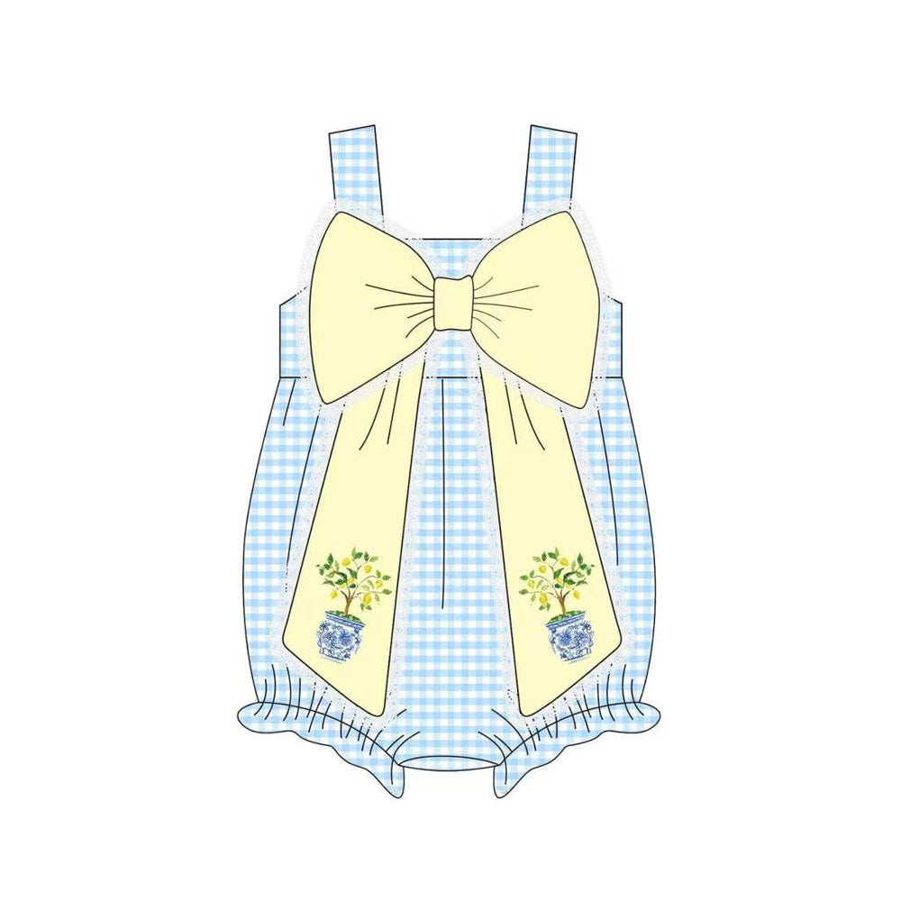 ( Moq 5 ) Preorder Baby Girls Straps Flower Bows Blue Plaid Bubble Romper
