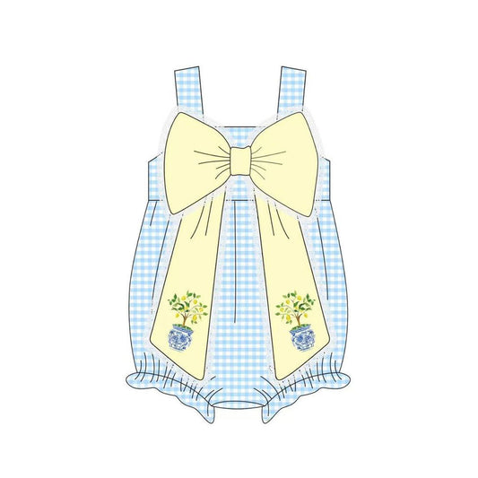 ( Moq 5 ) Preorder Baby Girls Straps Flower Bows Blue Plaid Bubble Romper