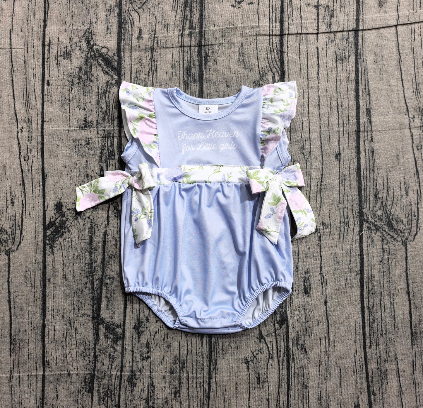 Baby Girls Infant Thank Heaven Floral Bows Blue Bubble Romper RTS