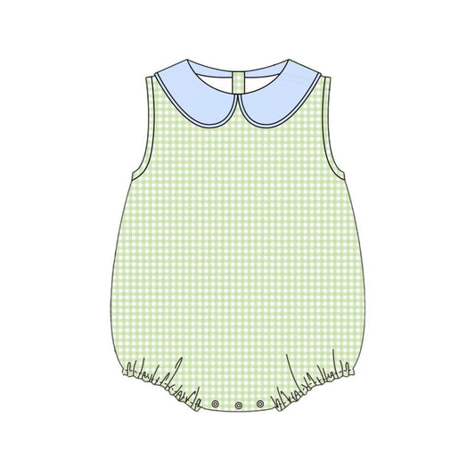 ( Moq 5 ) Preorder Baby Boys Sleeveless Green Plaid Bubble Romper
