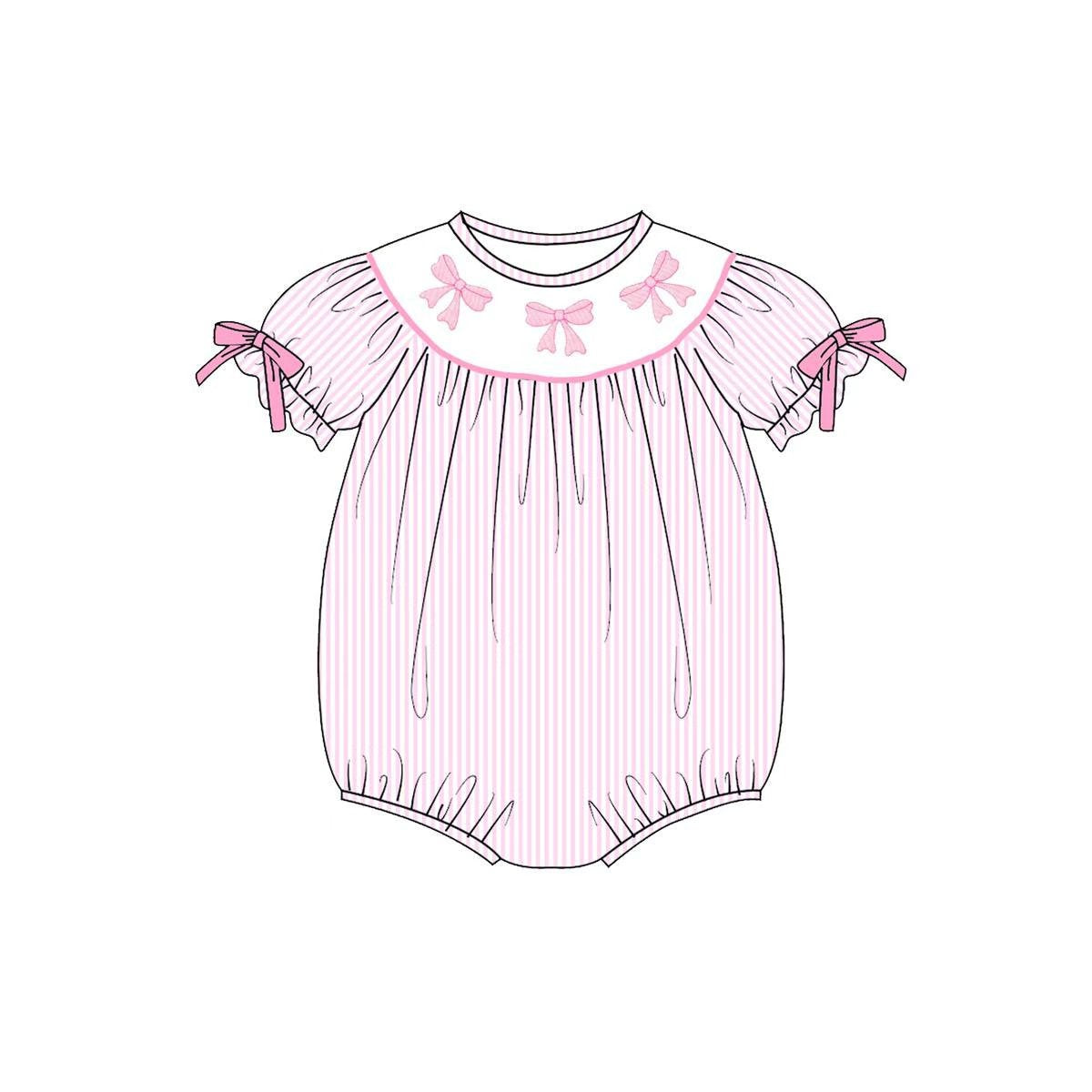 ( Moq 5 ) Preorder Baby Girls Bows Short Sleeves Pink Stripes Bubble Romper