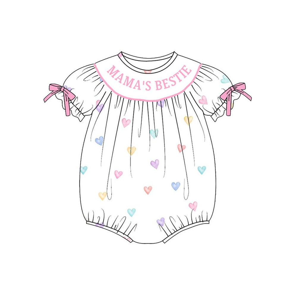 ( Moq 5 ) Preorder Baby Girls Bows Short Sleeves Mama's Bestie Hearts Valentine Romper