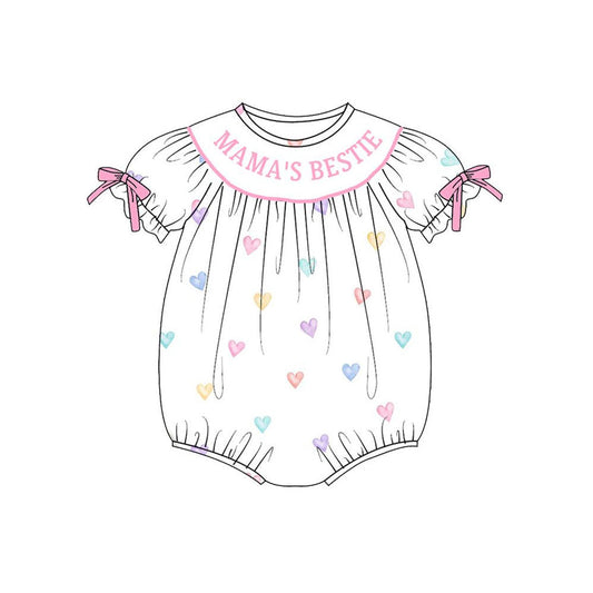 ( Moq 5 ) Preorder Baby Girls Bows Short Sleeves Mama's Bestie Hearts Valentine Romper