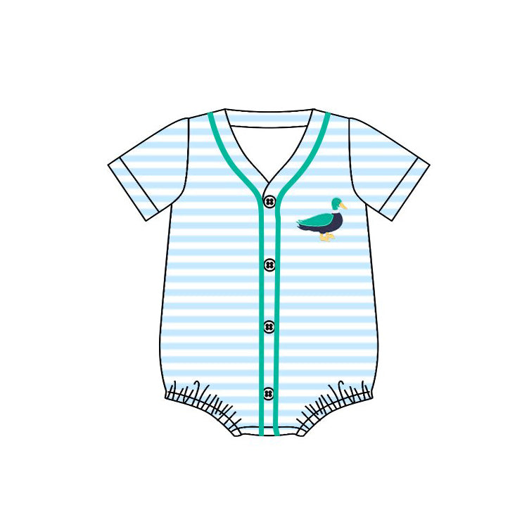 ( Moq 5 ) Preorder Baby Boys Short Sleeves Ducks Blue Stripes Buttons Bubble Romper