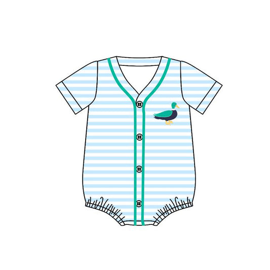 ( Moq 5 ) Preorder Baby Boys Short Sleeves Ducks Blue Stripes Buttons Bubble Romper
