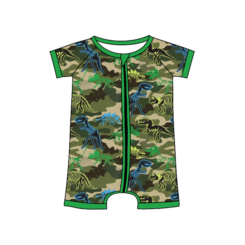 ( Moq 5 ) Preorder Baby Boys Camo Short Sleeves Dinosaurs Zipper Shorts Romper