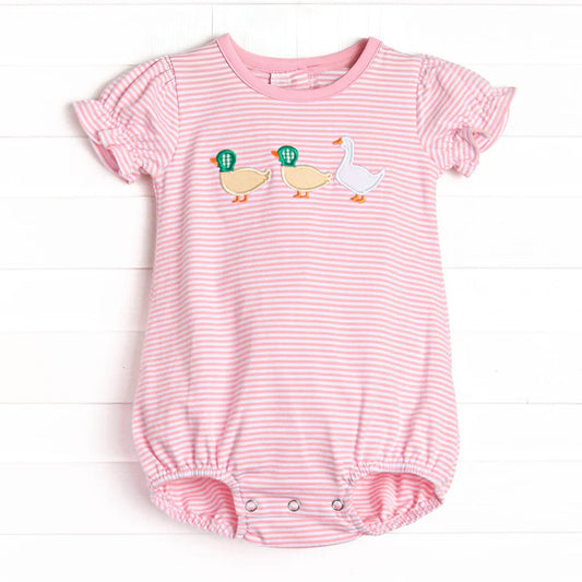 ( Moq 5 ) Preorder Baby Girls Short Sleeves Ducks Pink Stripes Bubble Romper