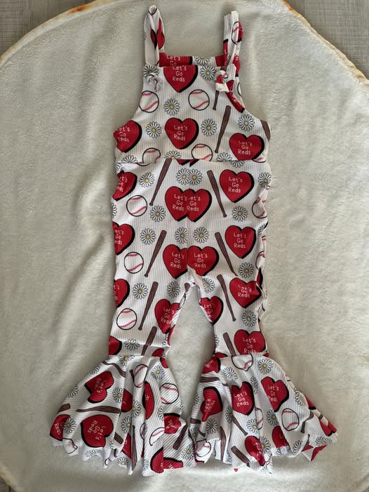 ( Moq 5 ) Preorder Baby Girl Sleeveless Baseball Hearts Valentine Bell Pants Jumpsuit