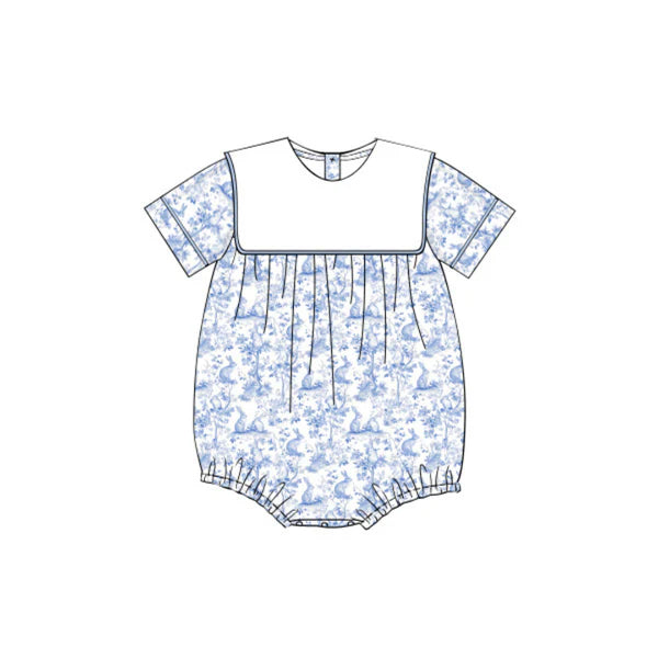 ( Moq 5 ) Preorder Baby Girls Infant Short Sleeves Rabbits Blue Floral Easter Bubble Romper