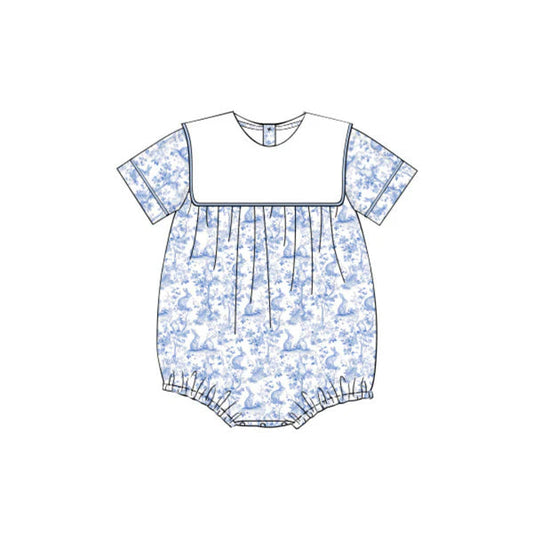 ( Moq 5 ) Preorder Baby Girls Infant Short Sleeves Rabbits Blue Floral Easter Bubble Romper
