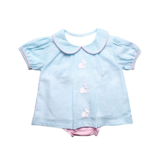 ( Moq 5 ) Preorder Baby Girls Infant Short Sleeves Rabbits Easter Blue Romper