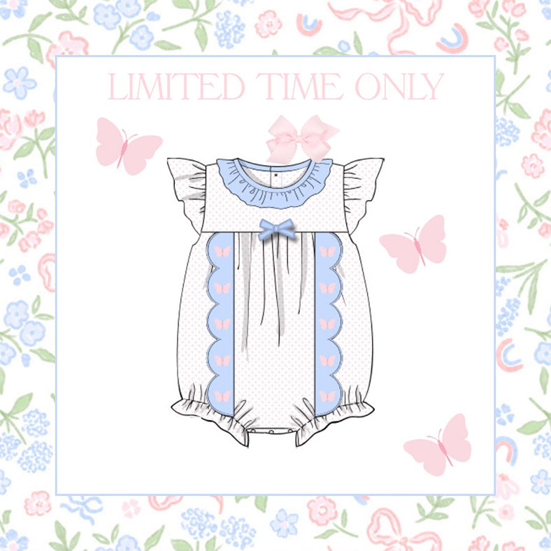 ( Moq 5 ) Preorder Baby Girls Toddler Short Sleeves Butterfly Bows Ruffle Bubble Romper