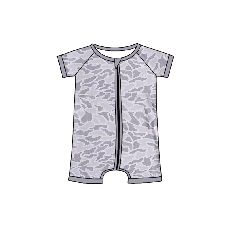( Moq 5 ) Preorder Baby Boys Infant Short Sleeves Grey Camo Zipper Romper
