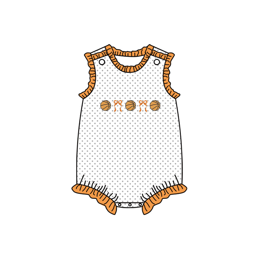 ( Moq 5 ) Preorder Baby Girls Sleeveless Basketball Orange Bows Dots Bubble Romper