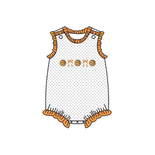 ( Moq 5 ) Preorder Baby Girls Sleeveless Basketball Orange Bows Dots Bubble Romper