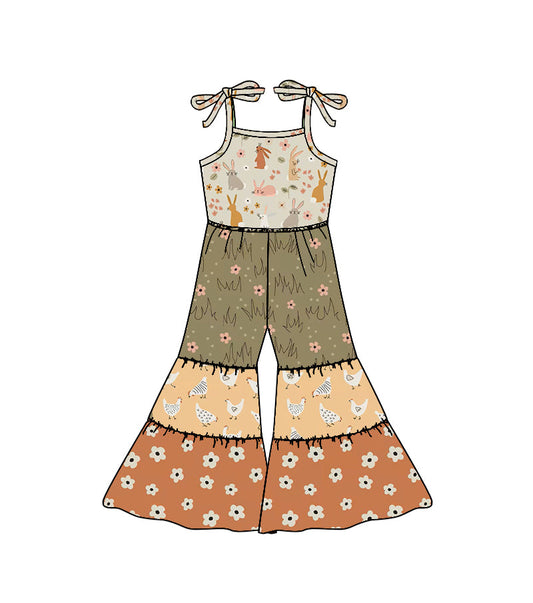 ( Moq 5 ) Preorder Baby Girls Kids Straps Rabbits Chicken Flower Easter Jumpsuit