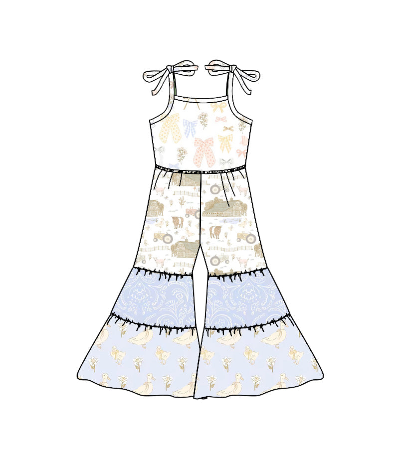 ( Moq 5 ) Preorder Baby Girls Kids Straps Bows Farm Animals Jumpsuit