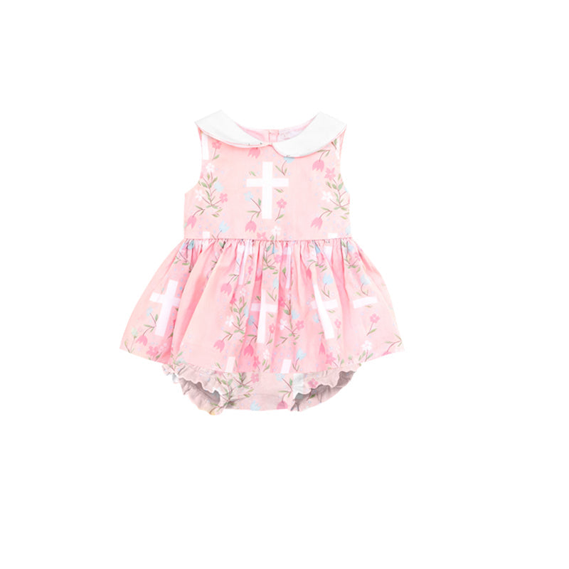 ( Moq 5 ) Preorder Baby Girls Sleeveless Crosses Flowers Easter Bubble Romper