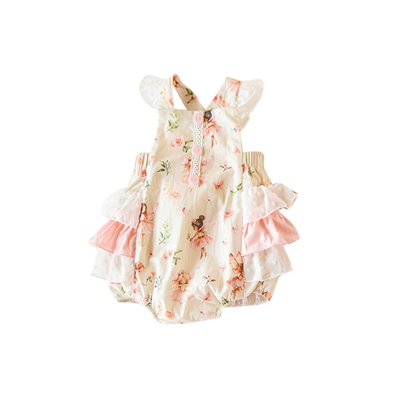 ( Moq 5 ) Preorder Baby Girls Infant Sleeveless Flowers Ruffle Bubble Romper