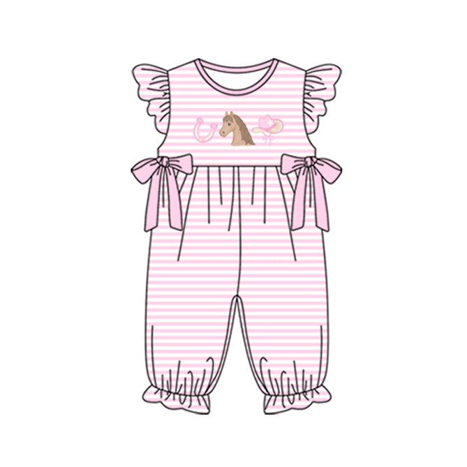( Moq 5 ) Preorder Baby Girls Infant Short Sleeves Horse Stripes Pink Bows Western Romper